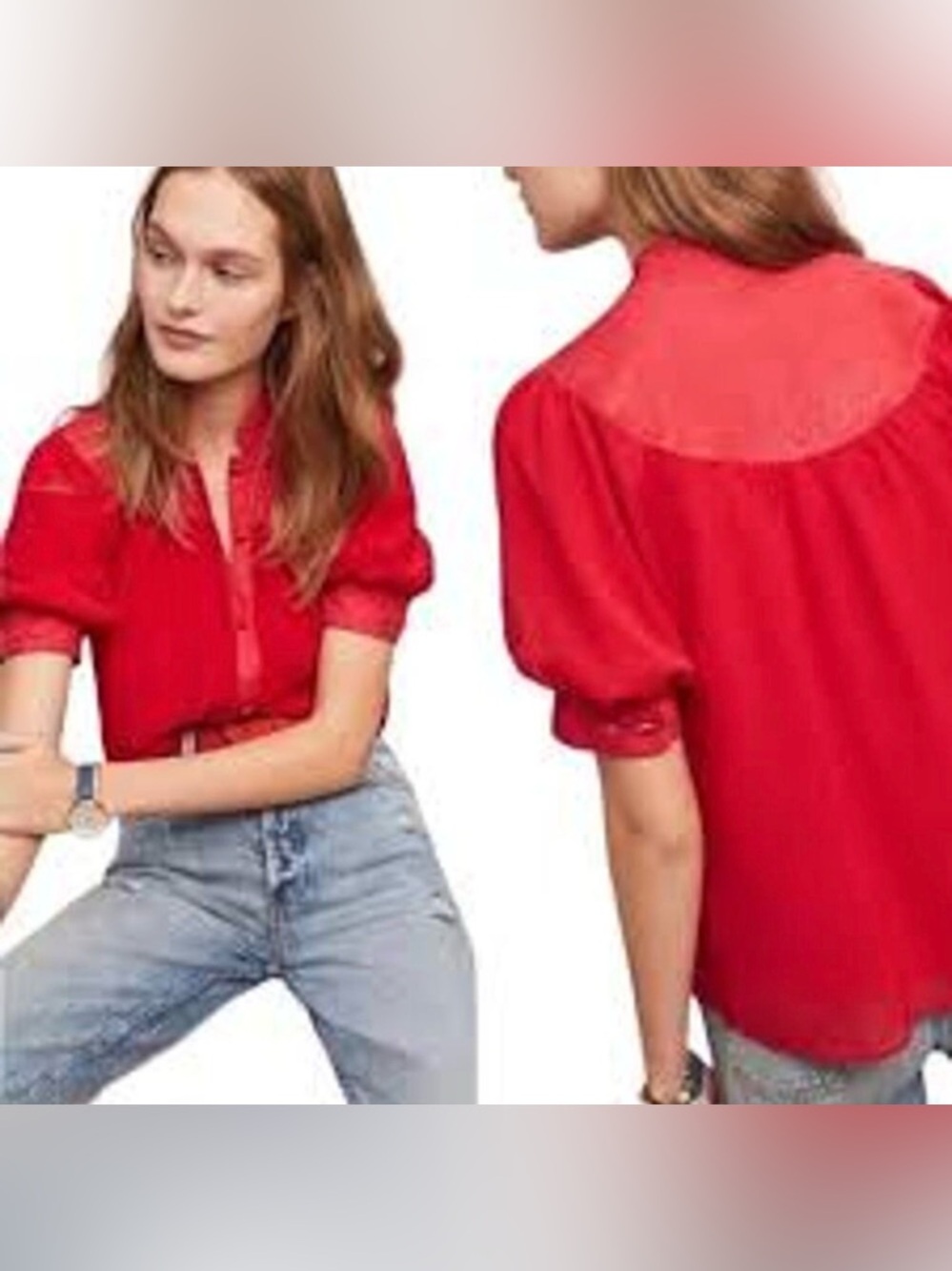 Maeve by Anthropologie Red Puff Sleeve Blouse Scarlett Red Lavoie Button Down 2 - Picture 2 of 10